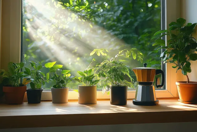 Potted green houseplants and a stovetop coffee maker on a sunny wooden windowsill with leafy trees outside.