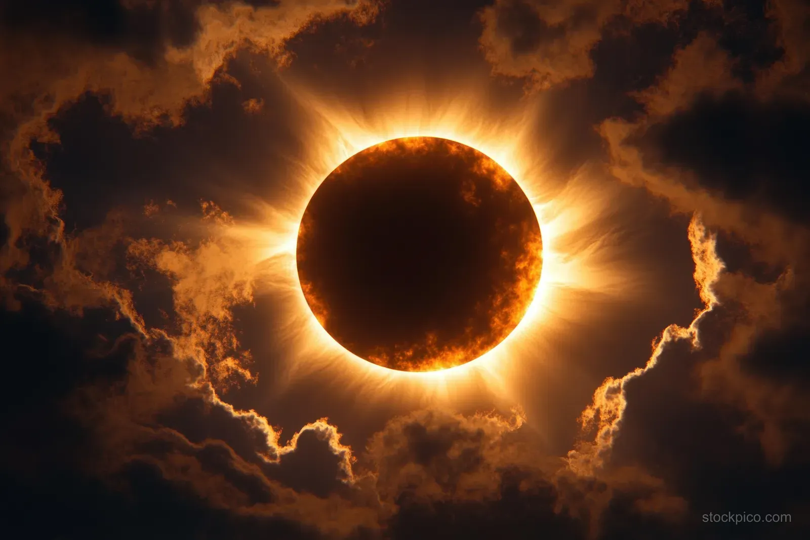 A total solar eclipse shows a dark sun disk encircled by a bright glowing corona ring above dramatic clouds.