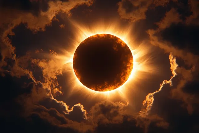 Solar eclipse over dramatic clouds, glowing corona ring and darkened sun silhouette