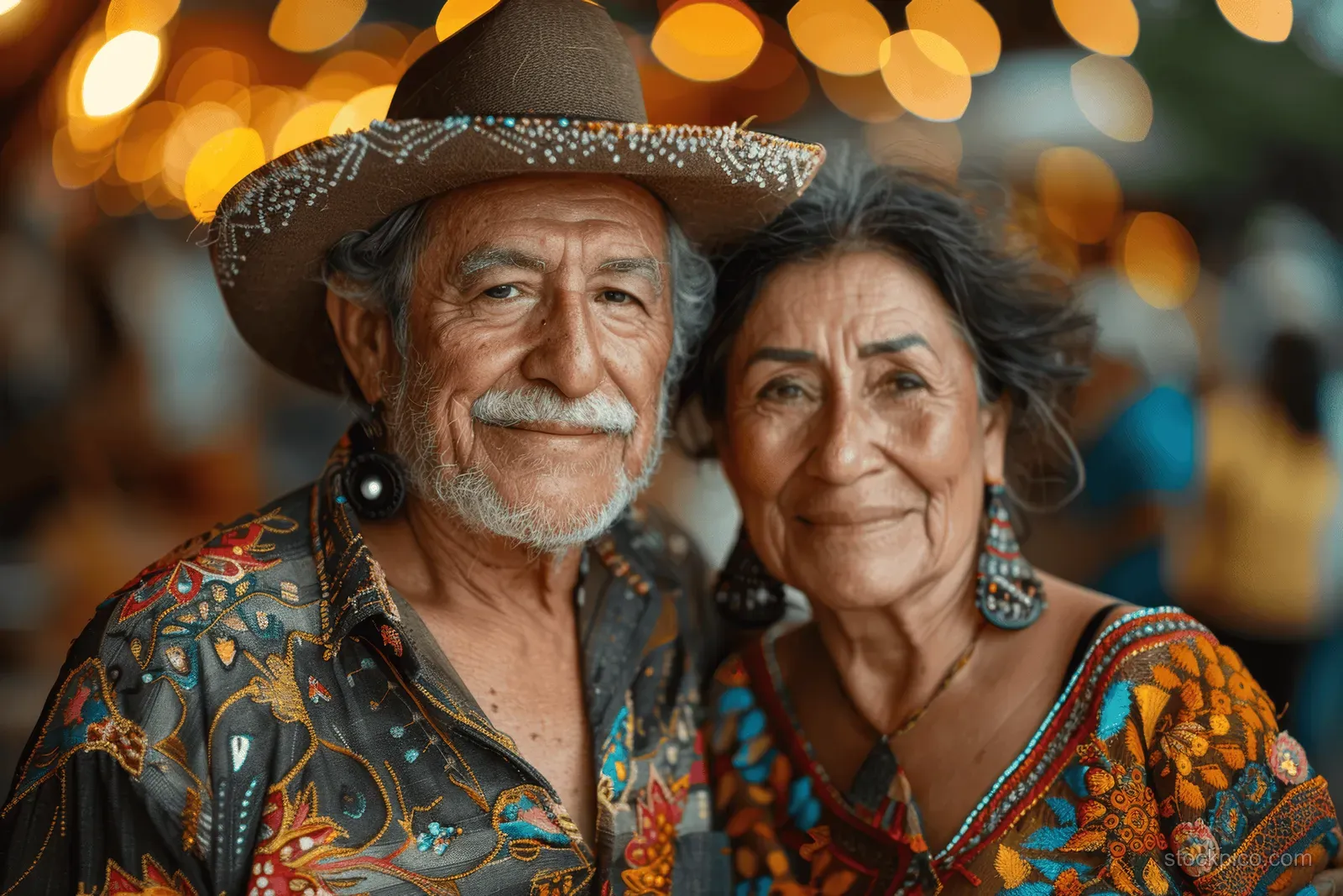 Elderly couple smiling side by side in vibrant embroidered traditional outfits with a beaded hat.