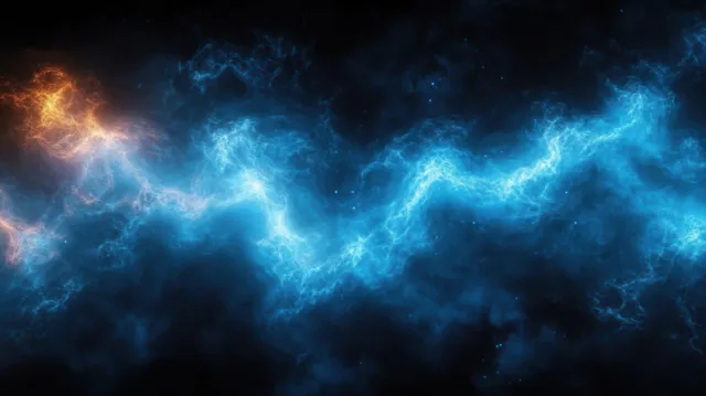 Electric blue lightning and orange sparks illuminate dark smoky clouds in a crackling energy burst.