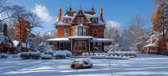 Victorian red brick house in winter snow with blue sky, bay windows, and porch with Two Story Home