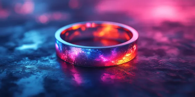 Iridescent metallic ring on a dark neon cosmic surface with glowing blue and magenta holographic reflections.