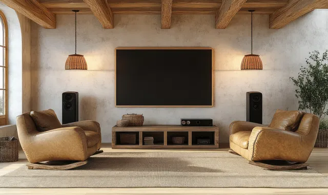 Vintage leather armchairs in a rustic living room facing a home cinema screen with two wall speakers under warm pendant lights.