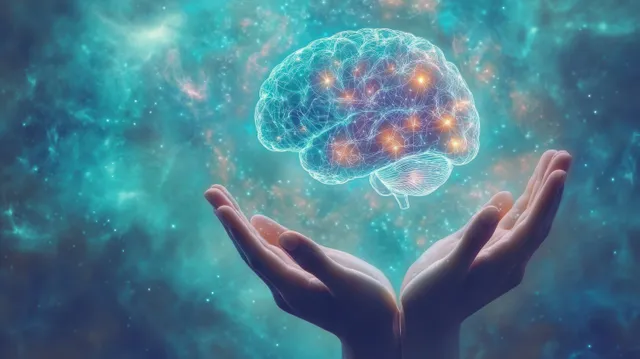 Two cupped hands hold a glowing digital brain made of connected lines and bright nodes in space.