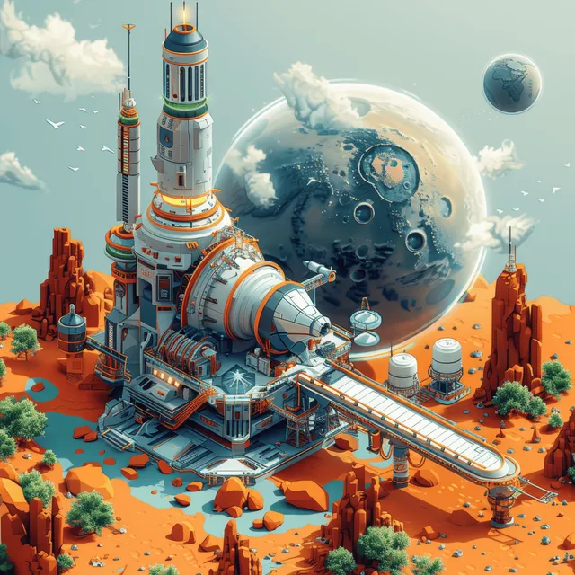 Isometric futuristic space station on Mars with docked modules, solar panels, and distant planets in the sky.