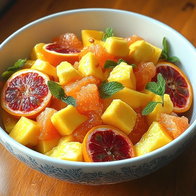 Tropical fruit salad in a decorative bowl with mango cubes, citrus slices, and mint leaves on a wooden surface.