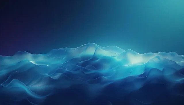 Glowing blue wave ribbons ripple across a dark gradient background with soft luminous highlights.
