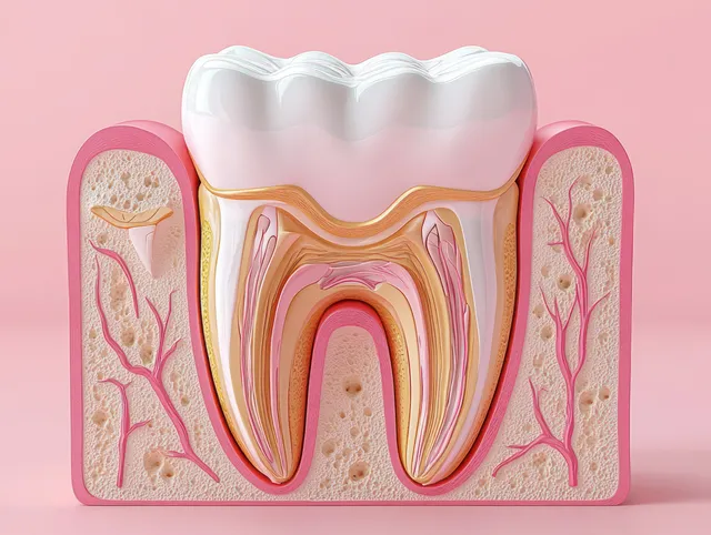 Cross-section of a molar tooth showing enamel, dentin, pulp, nerves, blood vessels, and gum tissue on a pink background.
