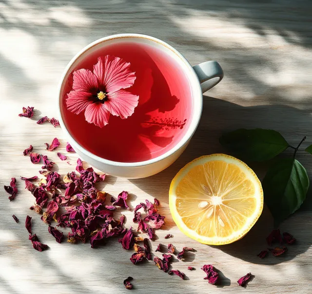 Cup of hibiscus tea with lemon slice and scattered dried petals on white tabletop