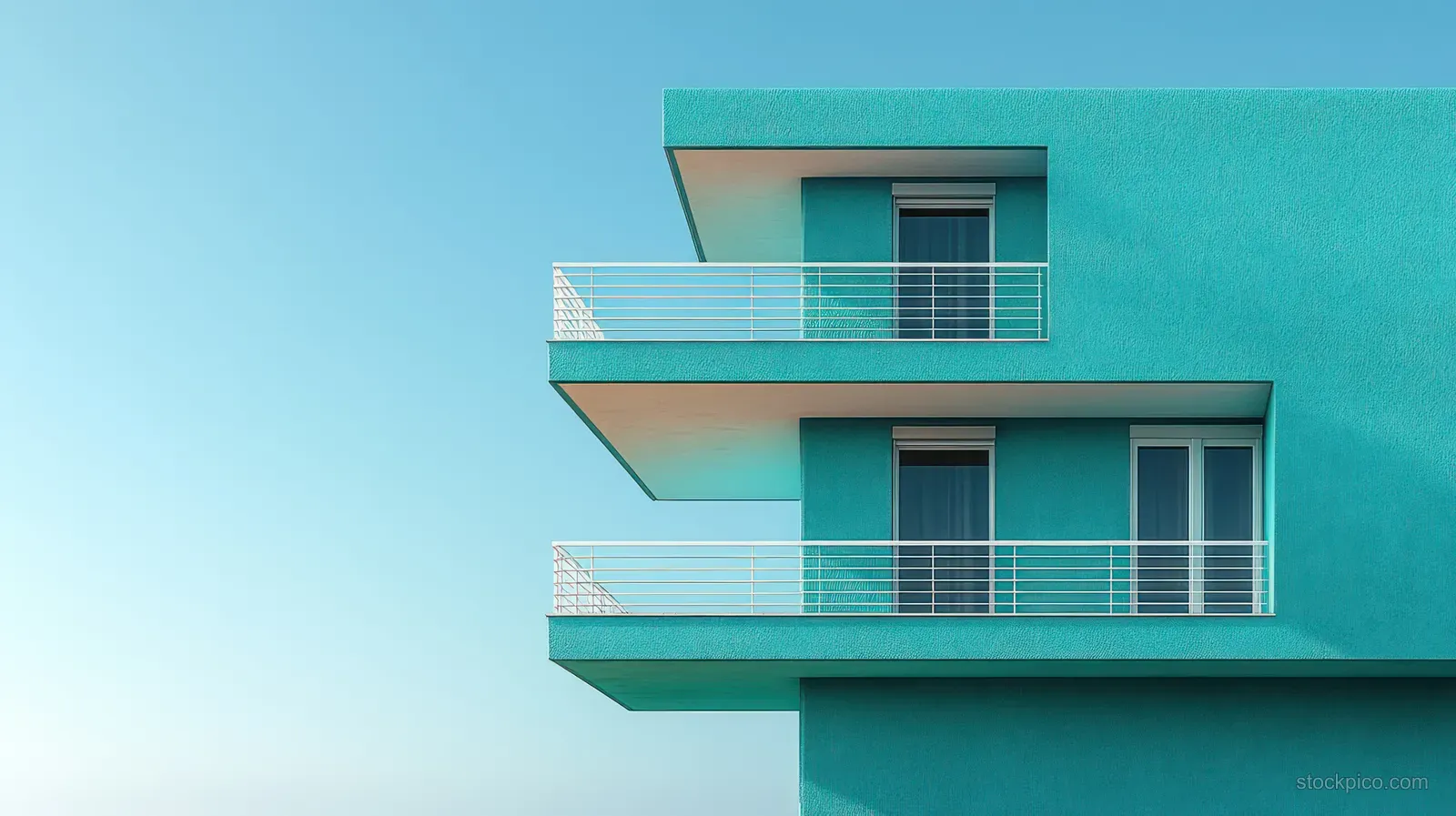 Turquoise apartment facade shows stacked glass balconies and metal railings beneath a clear blue sky.