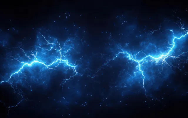 Glowing electric lightning bolts strike a stormy night sky in abstract dark blue