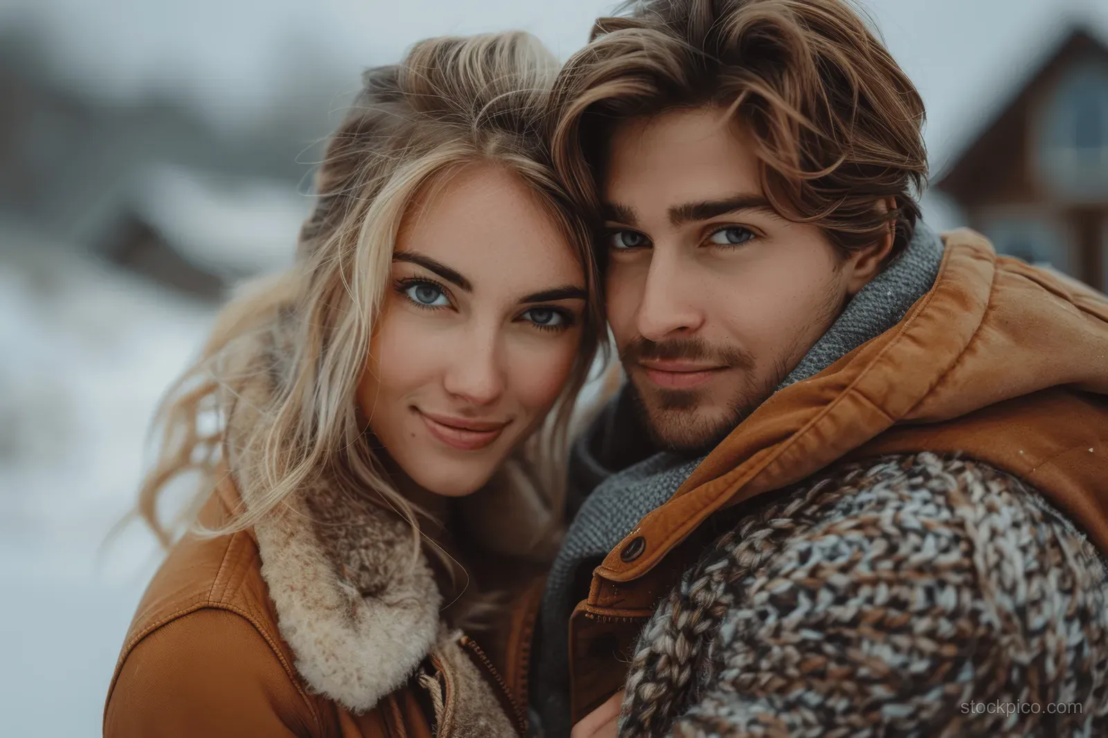 A young couple embraces outdoors in winter, standing close together and smiling at the camera.