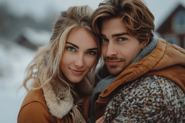 Young couple embraces outside their new home in soft winter light