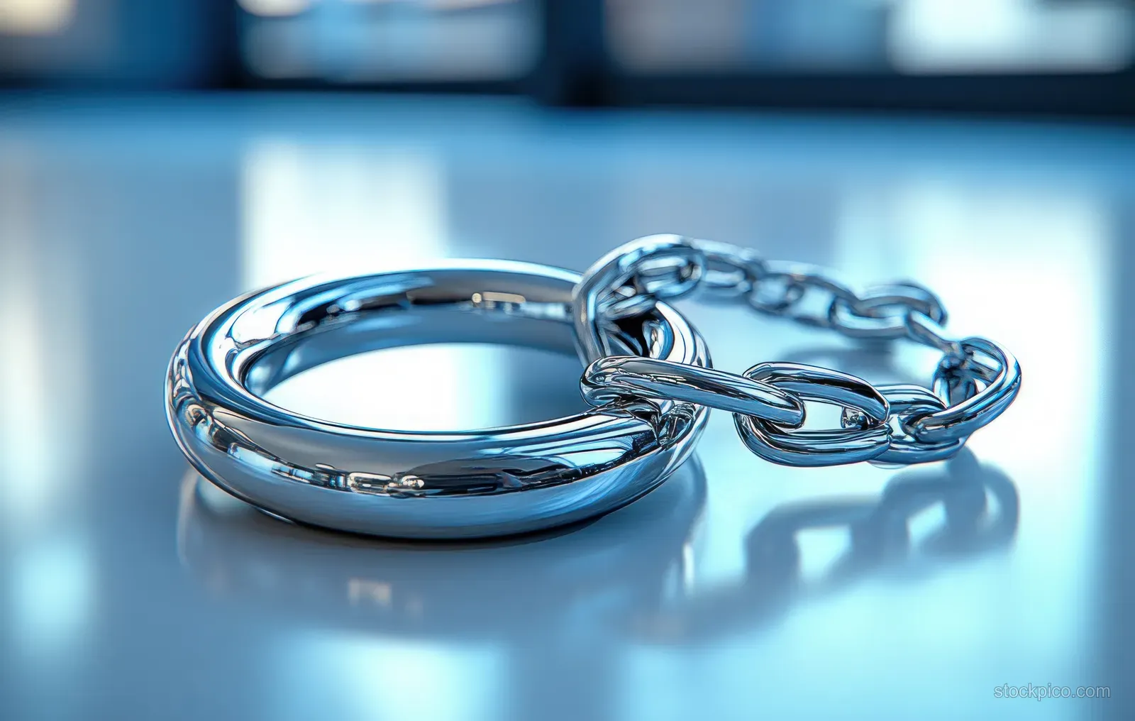 Polished silver keychain ring with connected chain links appears reflective on a clean studio surface.