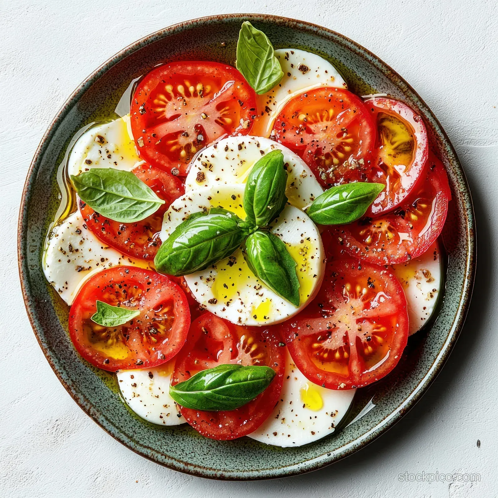 Caprese salad on a ceramic plate with tomato slices, mozzarella, basil leaves, and peppered olive oil.