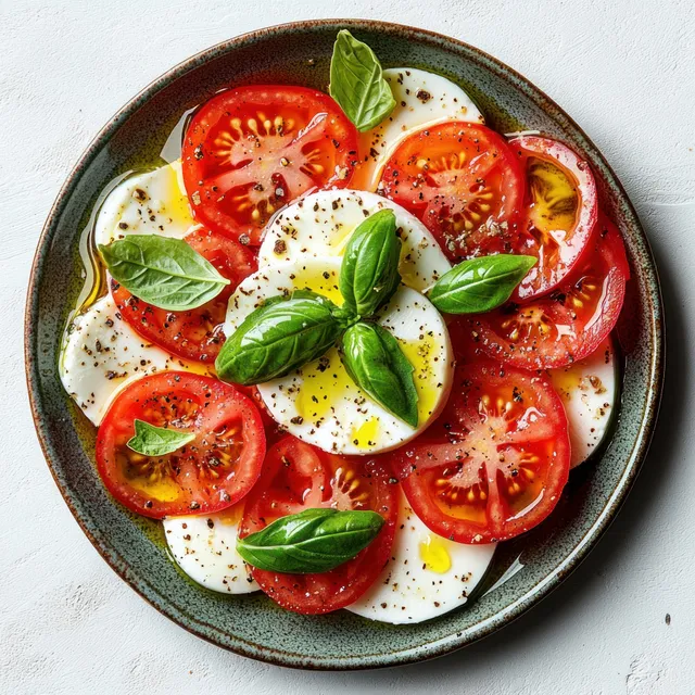 Caprese salad on a ceramic plate with tomato slices, mozzarella, basil leaves, and peppered olive oil.