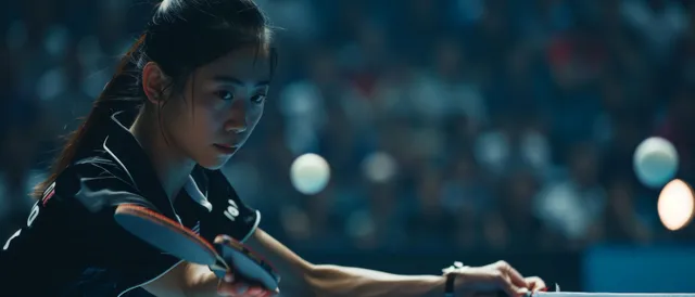 Singaporean women’s table tennis player lunges to return a fast rally under stadium lights