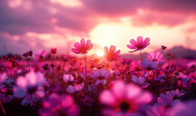 Cosmos flowers swaying in a meadow at sunrise with vibrant pink purple sky glow
