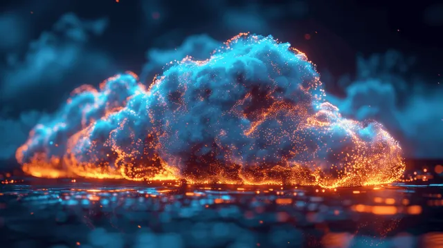 A glowing surreal cloud erupts with orange particles against a dark blue night landscape.