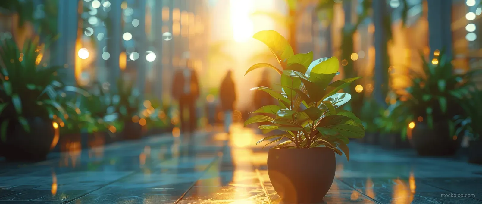 Blurred business crowd walks through a sunlit modern office lobby while a potted plant sits in the foreground.