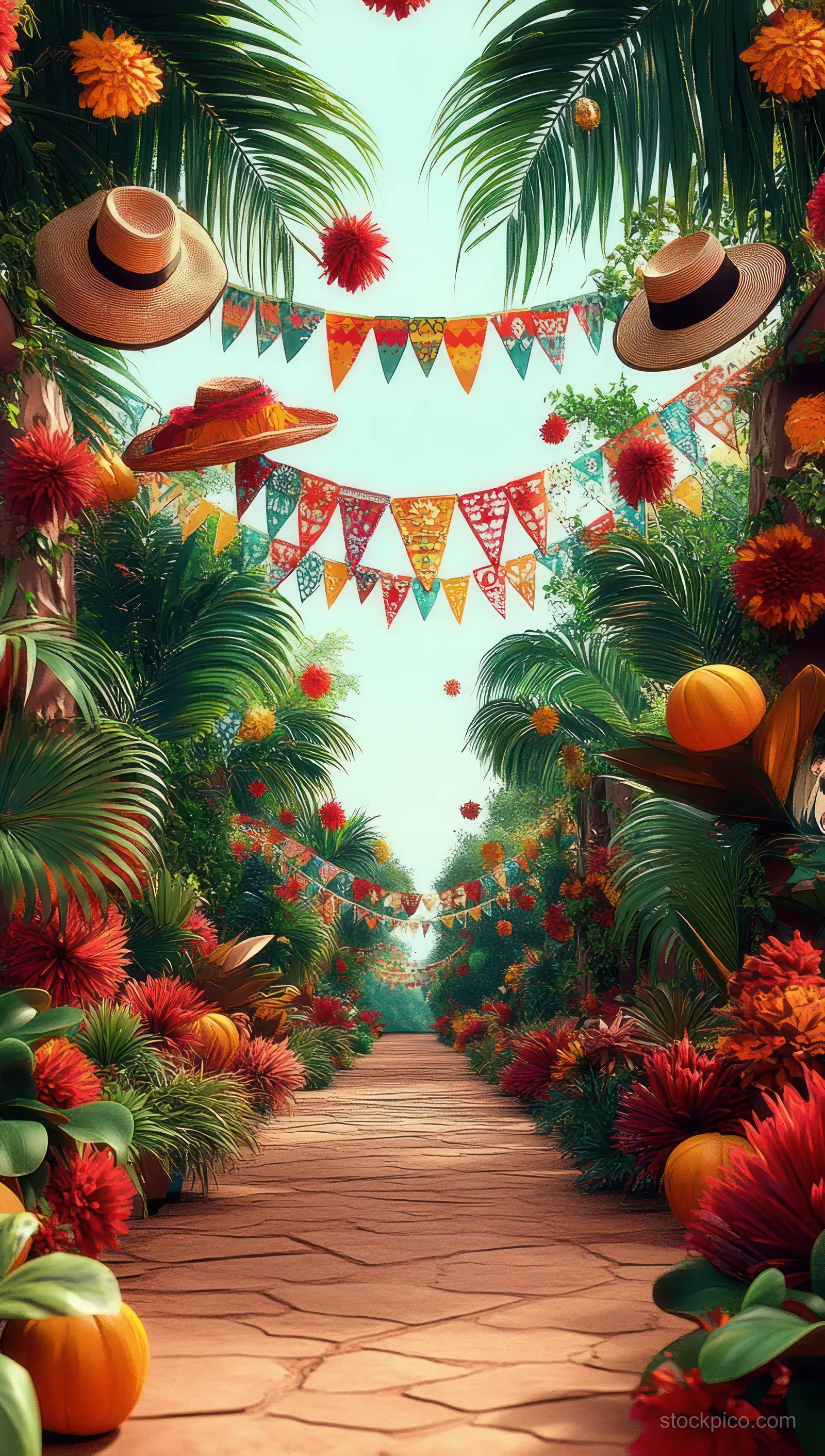 A decorated tropical pathway with hanging banners, pumpkins, sun hats, and orange flowers framed by palm leaves.