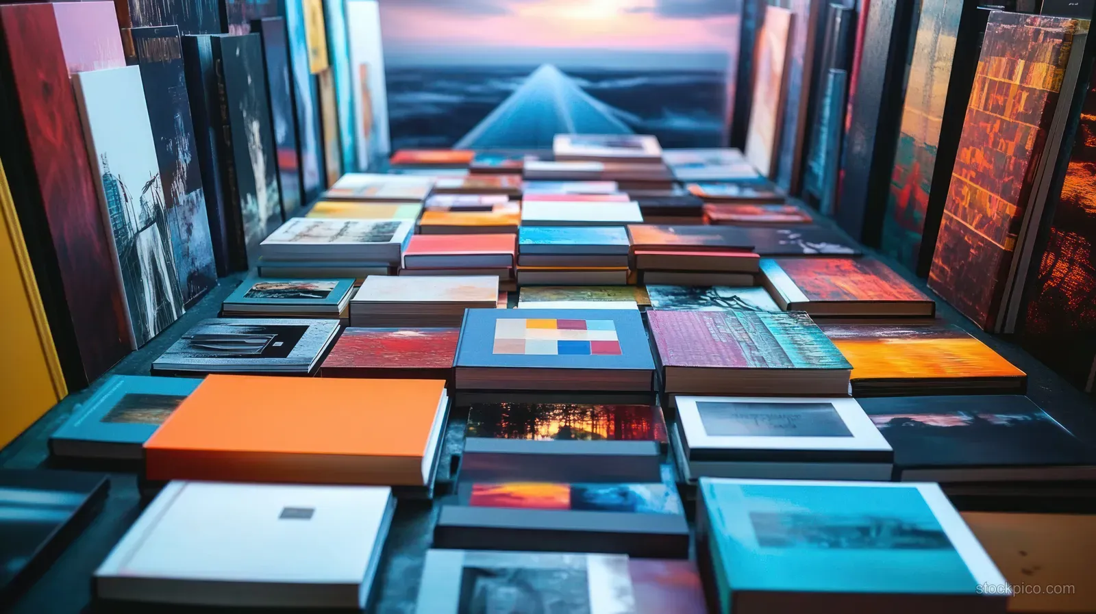 Colorful hardcover art books and photo books are arranged in rows on a table with abstract covers under warm indoor light.