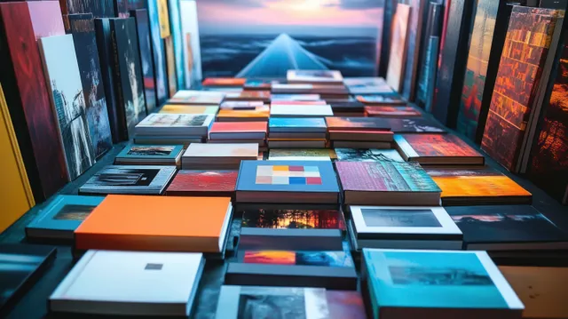 Colorful hardcover art books and photo books are arranged in rows on a table with abstract covers under warm indoor light.