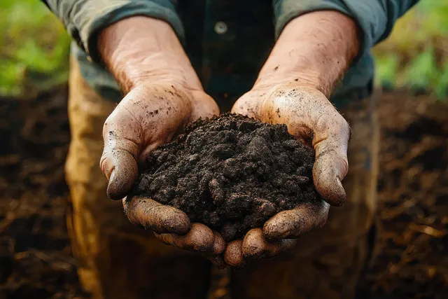 Hands Holding Rich Dark Soil for Planting and Fertility