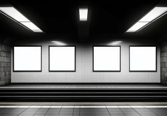 Empty subway platform interior with four blank white advertisement boards and tiled walls lit by overhead lights.