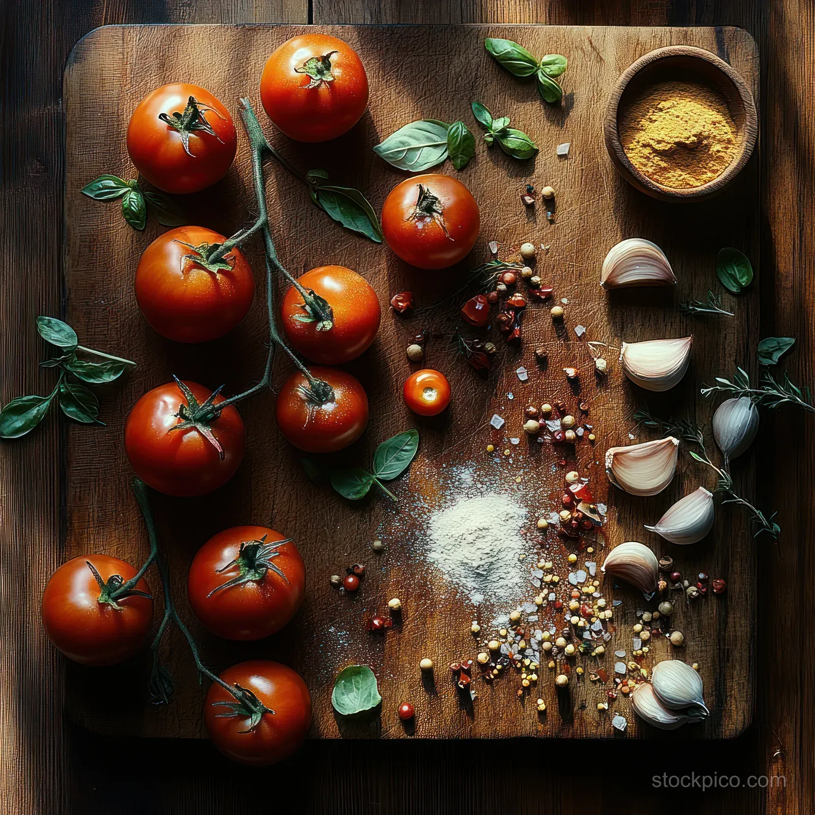 Ripe vine tomatoes with garlic, basil, peppercorns, salt, and turmeric on a wooden chopping board.