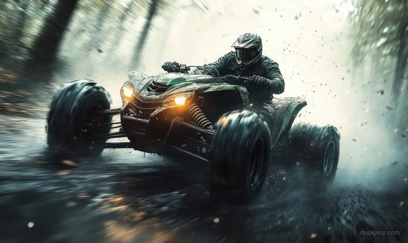 A helmeted rider drives a green ATV through a forest dirt trail with dust and motion blur.