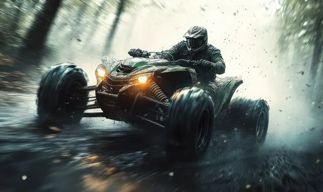 A helmeted rider drives a green ATV through a forest dirt trail with dust and motion blur.