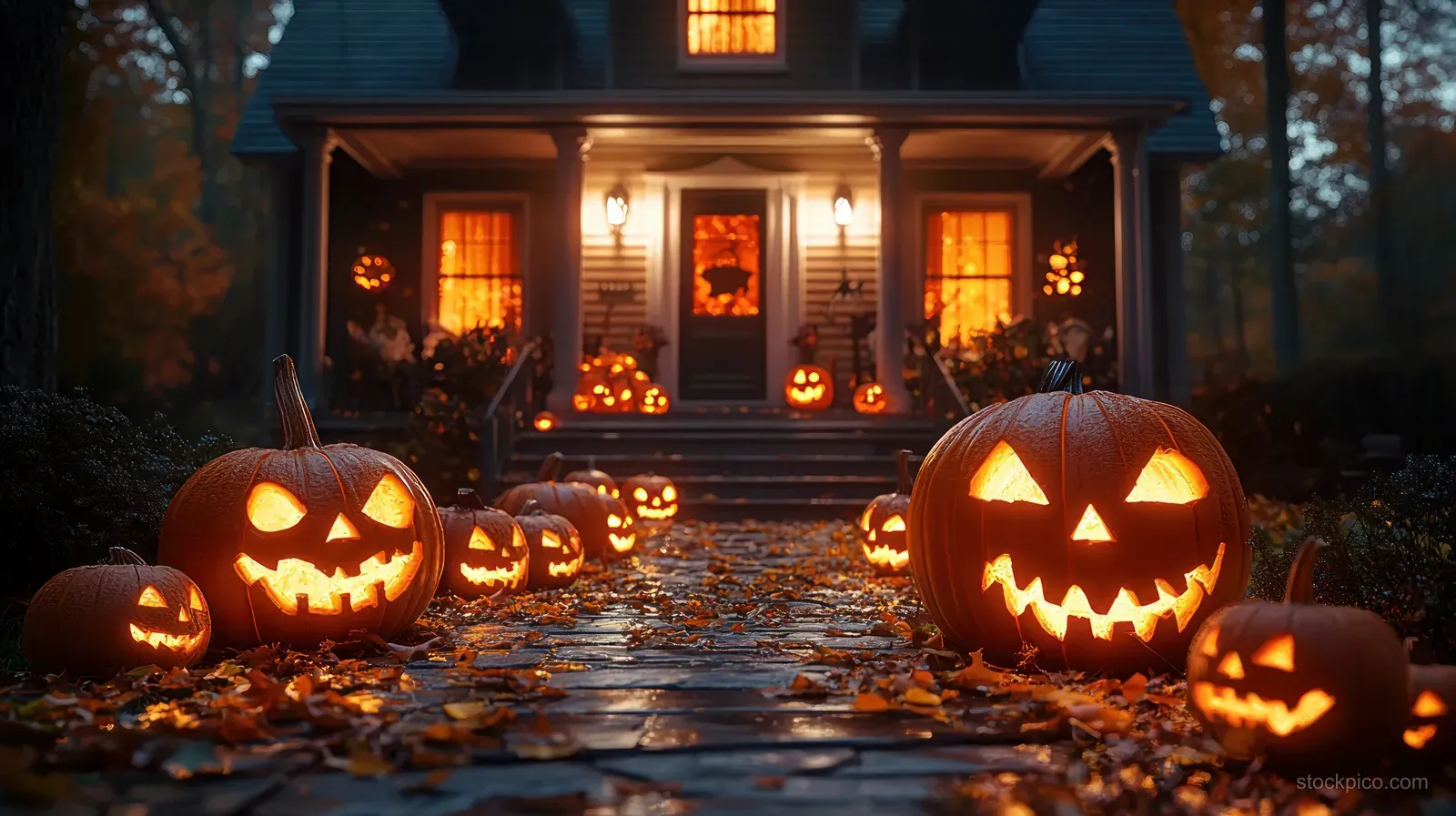 Glowing carved pumpkins sit along a front walkway beside a warmly lit porch at Halloween dusk.