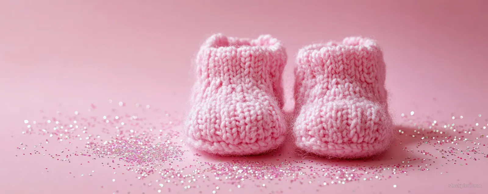 Two pink knitted baby booties rest on a pastel pink background with small confetti sparkles around them.