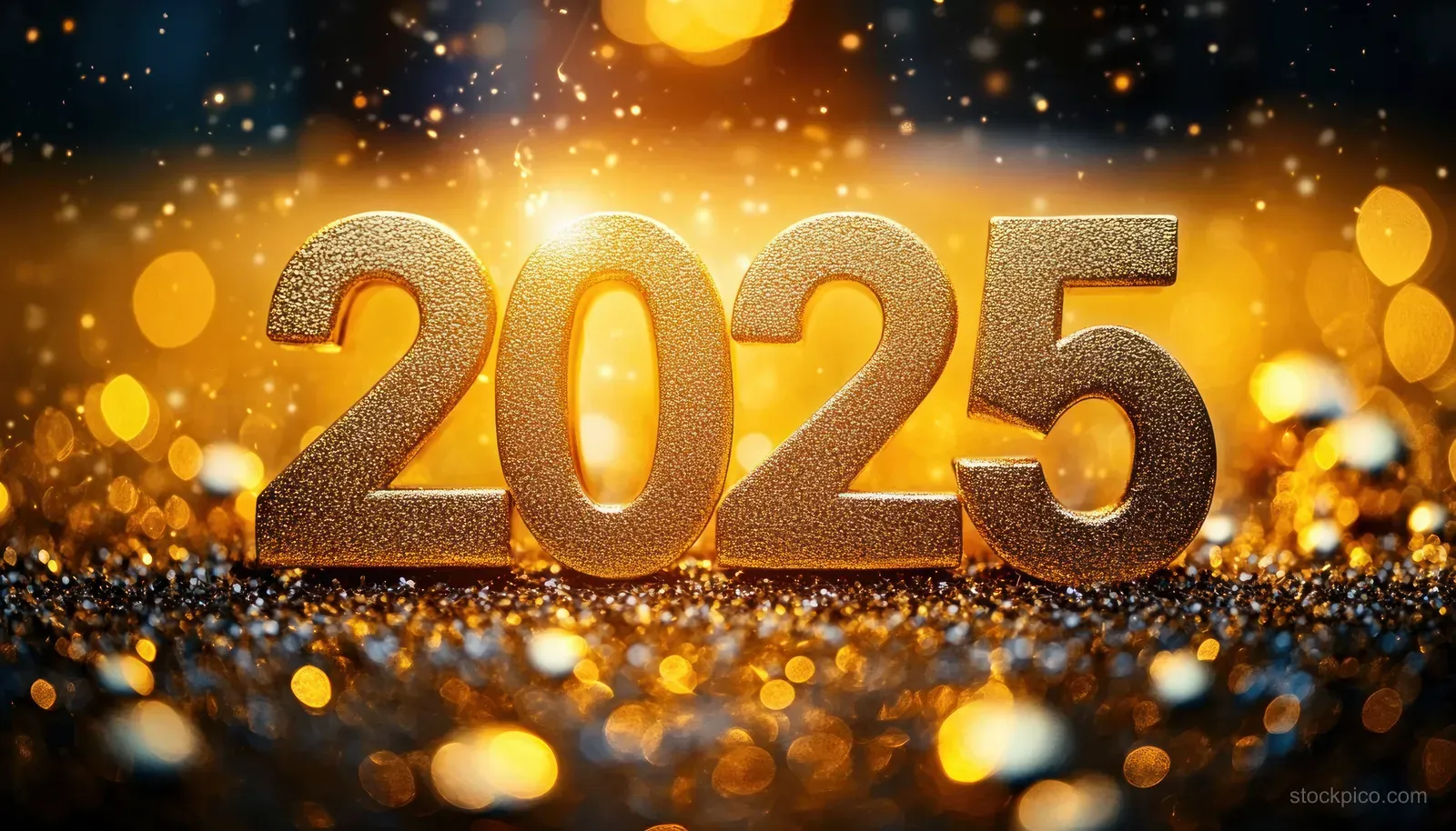 Golden 2025 numbers shimmer surrounded by glitter particles and warm glowing bokeh lights.