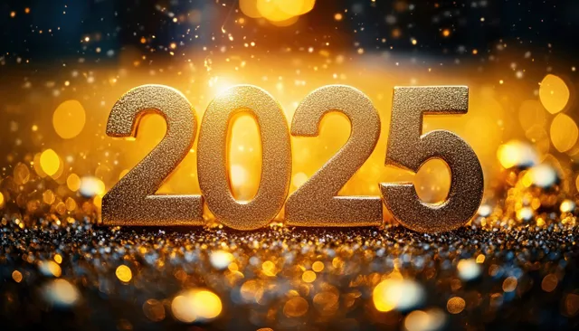 Golden 2025 numbers shimmer surrounded by glitter particles and warm glowing bokeh lights.