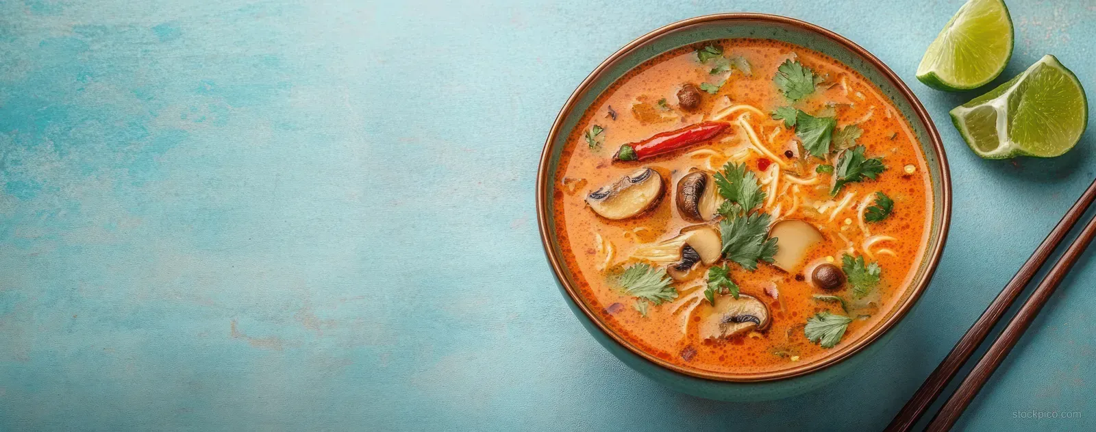 Spicy noodle soup in a bowl with mushrooms and red chili, garnished with cilantro and lime, beside chopsticks on blue.