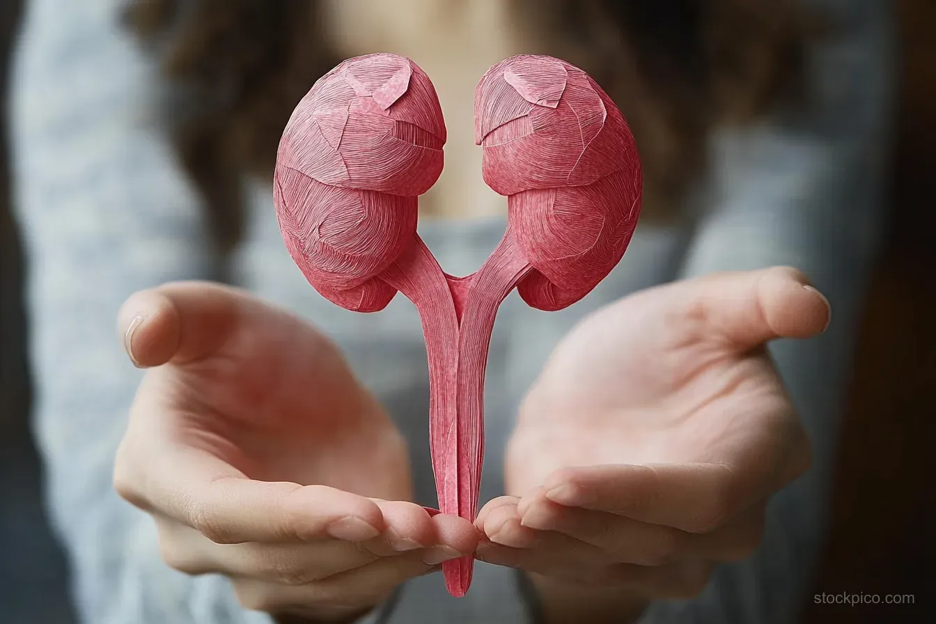 Hands gently hold a pink anatomical kidney and ureter model with a softly blurred background.
