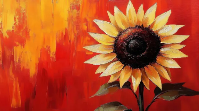 A single sunflower with yellow petals and dark center against a textured red and orange fiery background.
