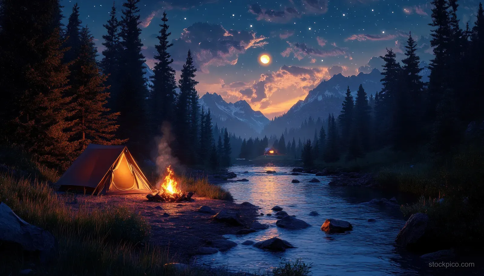 An orange tent and glowing campfire sit by a river under a starry night with moonlit mountains in the distance.