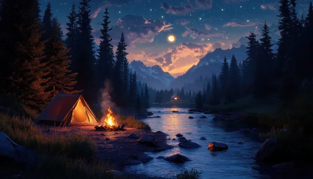 Campfire glow beside an orange tent by a river under starry night with mountains