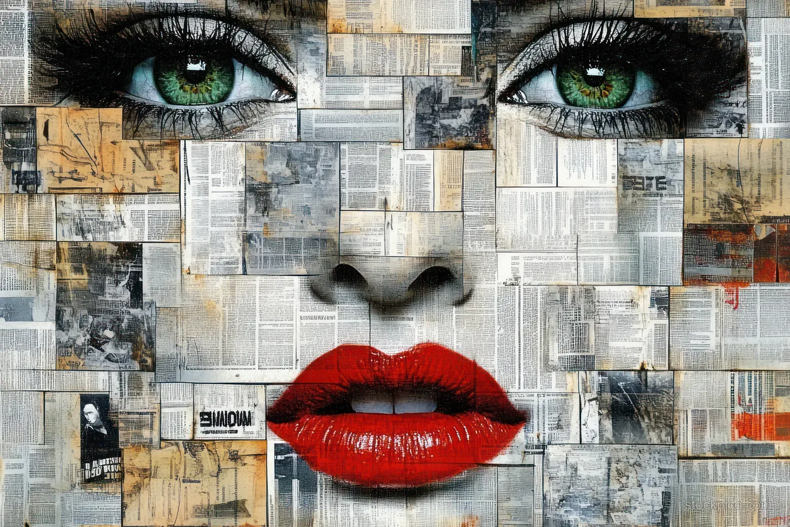 A woman’s face collage from newspaper and magazine clippings with green eyes and bright red lips.