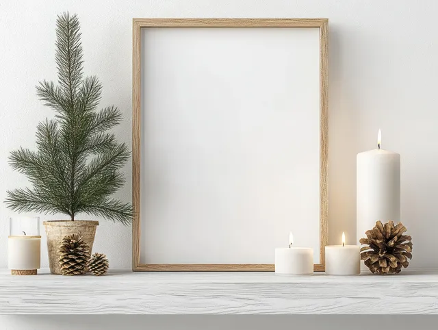 Blank wooden frame centered on a white shelf with pine branches, pinecones, and three glowing candles.