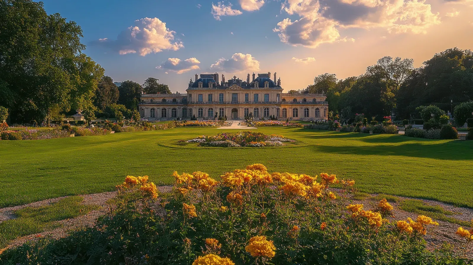 Historic palace in the distance with green lawns, yellow flower beds, and trees under a partly cloudy sunset sky.