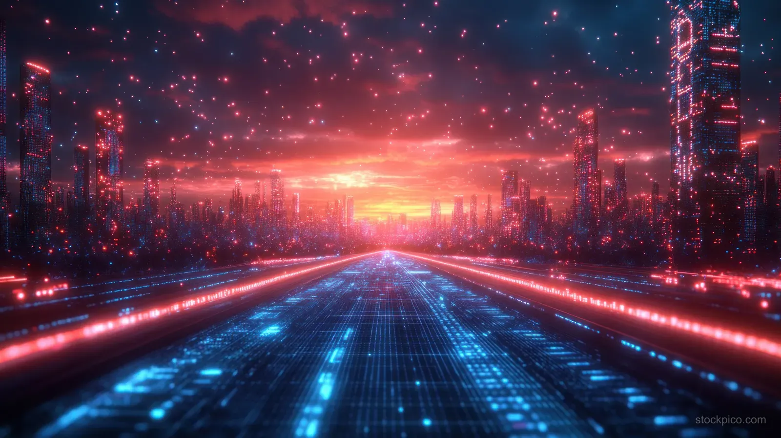 Neon cyberpunk city highway with floating holographic data charts glowing along the road.