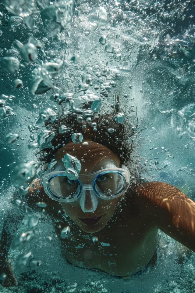 Underwater butterfly swimmer wearing goggles with bubbles rising around her head and shoulders.