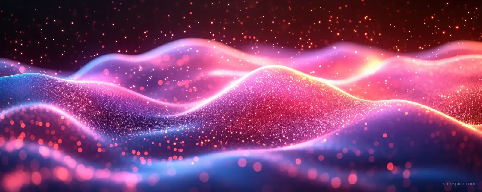 Neon light waves ripple across a dark starfield with glowing particles and smooth energy trails.