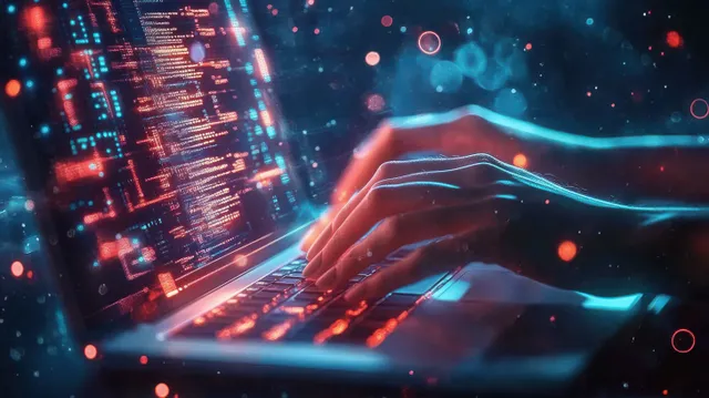 A woman types on a laptop with a glowing privacy lock icon over a futuristic security interface.