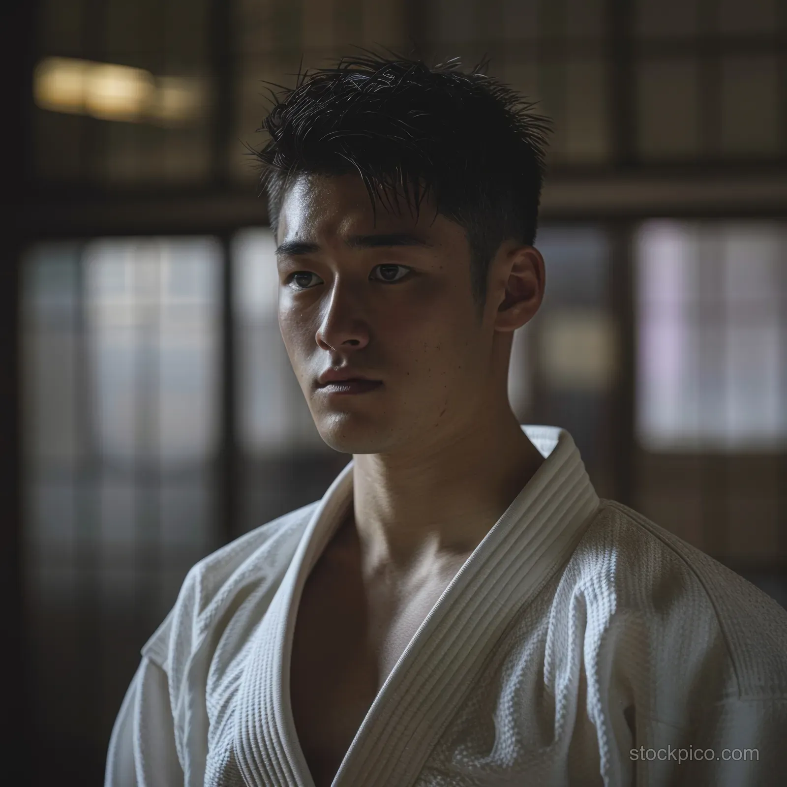 A judoka in a white gi stands in a dojo with head bowed and eyes lowered in quiet reflection.